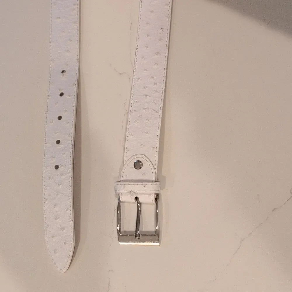 Cintura In Pelle White Ostrich Embossed Leather Belt Silver Buckle Made in Italy